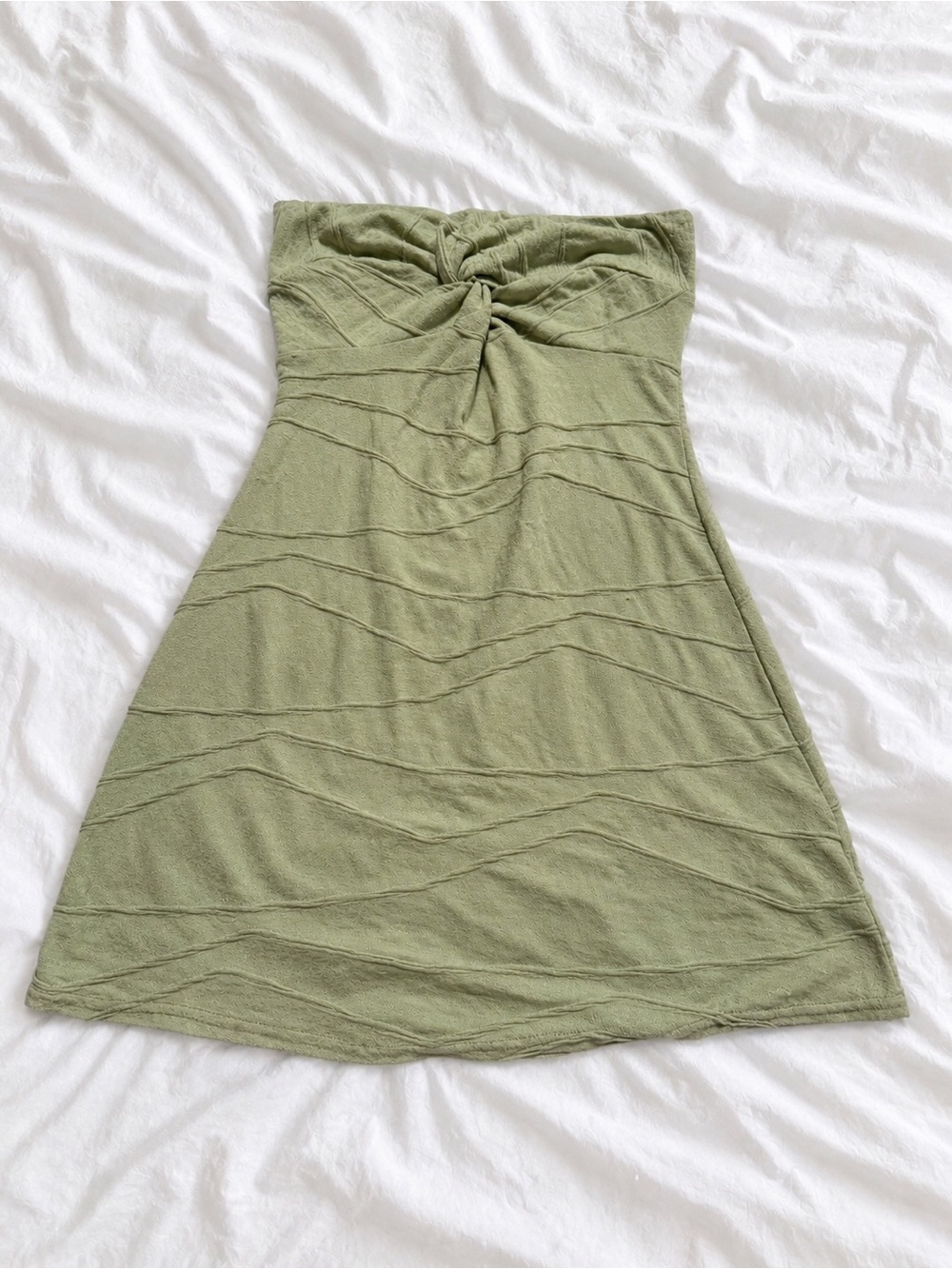 PrettyLittleThing Olive Green Twist-Front Strapless Dress